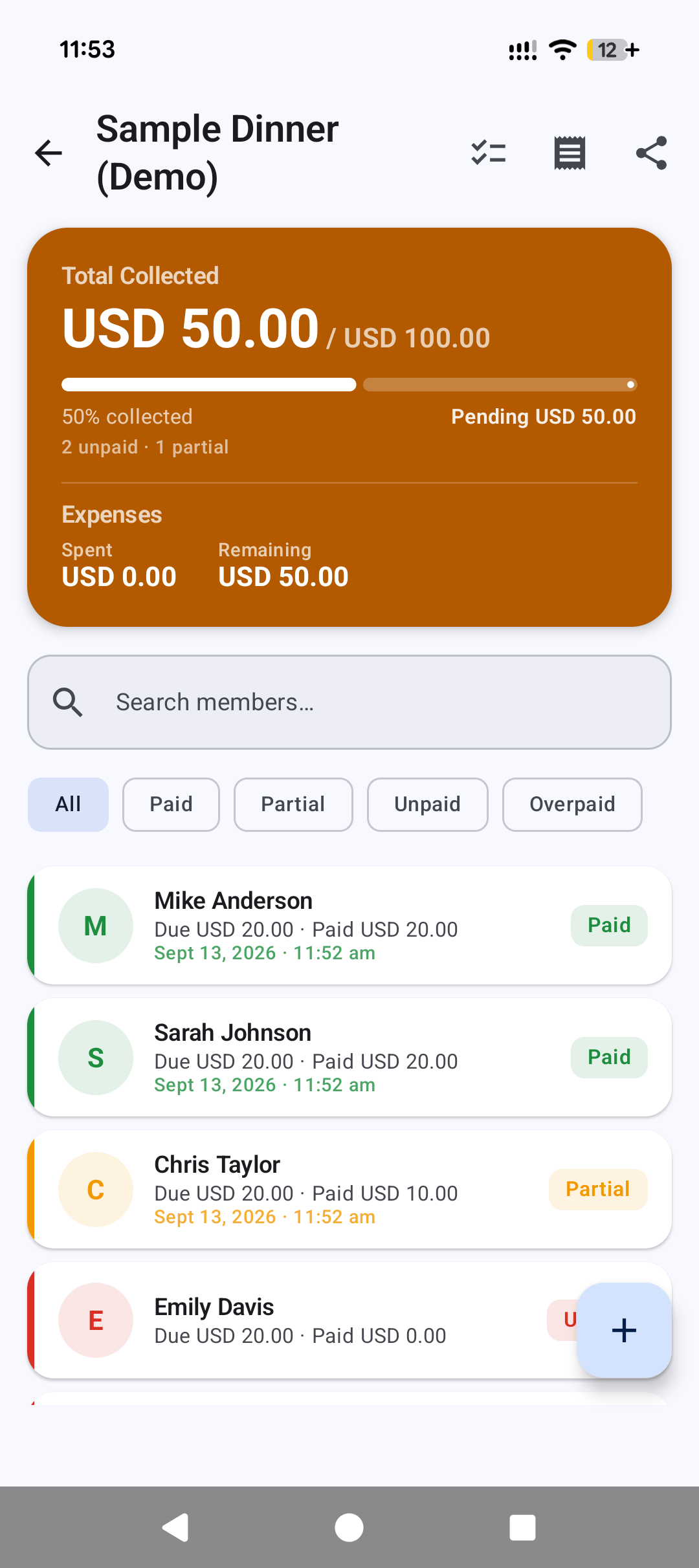 Event Diary showing a trip's total collected, percent paid, and each member's payment status
