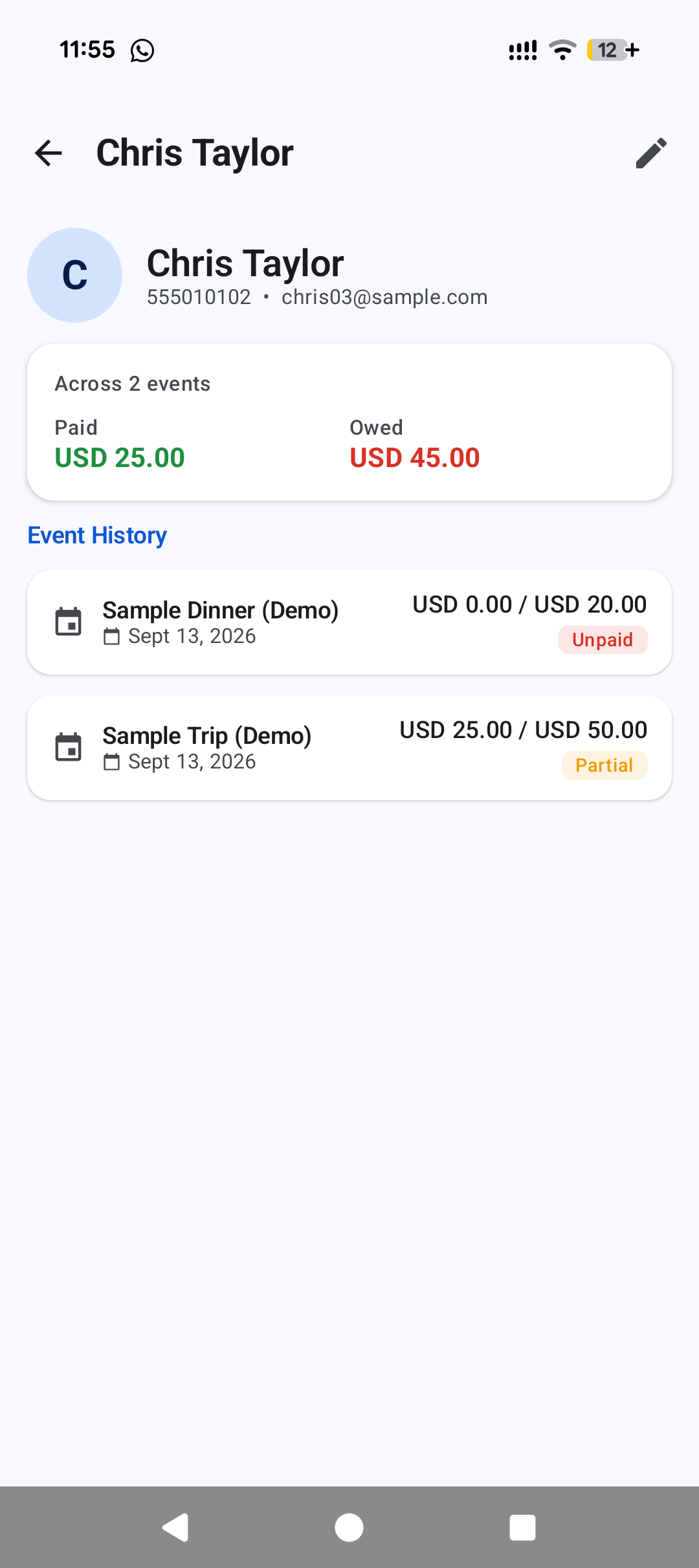 Event Diary showing a WhatsApp-ready payment summary